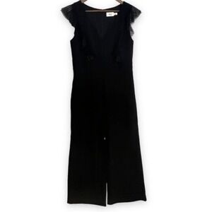 Eliza J Black V-Neck Tulle Dot Mesh Ruffle Stretch Crepe Jumpsuit Goth Career 12